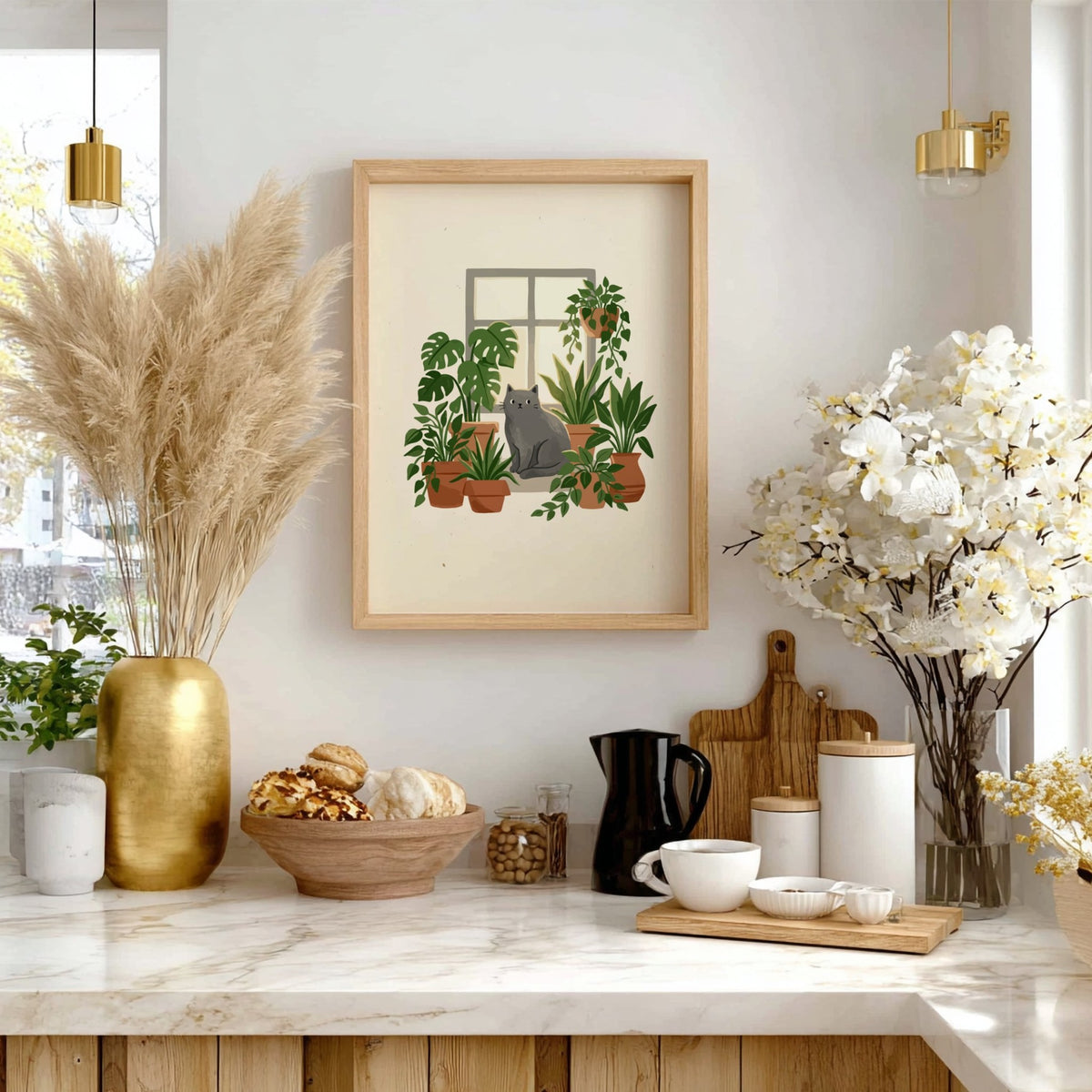 Poster featuring a grey cat sitting on a windowsill surrounded by green potted plants.