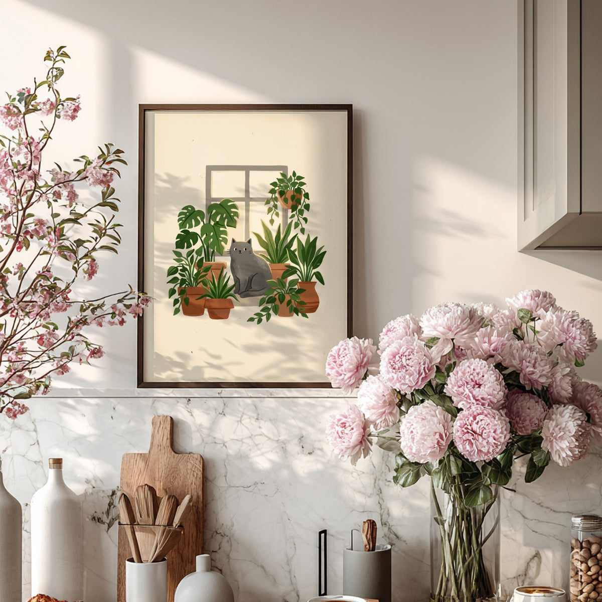 Poster featuring a grey cat sitting on a windowsill surrounded by green potted plants.