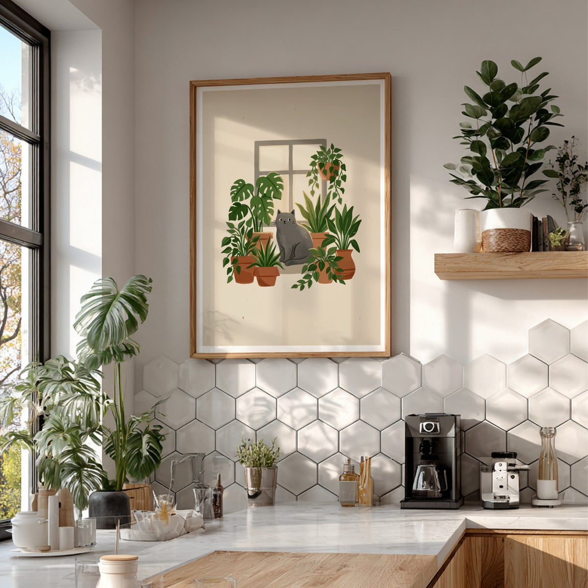 Poster featuring a grey cat sitting on a windowsill surrounded by green potted plants.