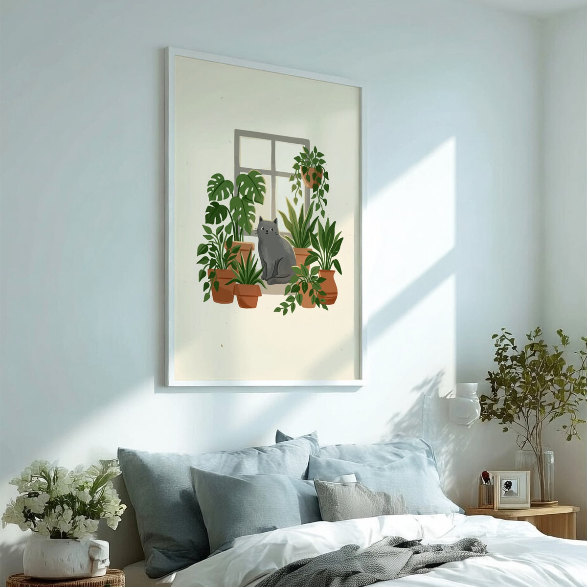 Poster featuring a grey cat sitting on a windowsill surrounded by green potted plants.