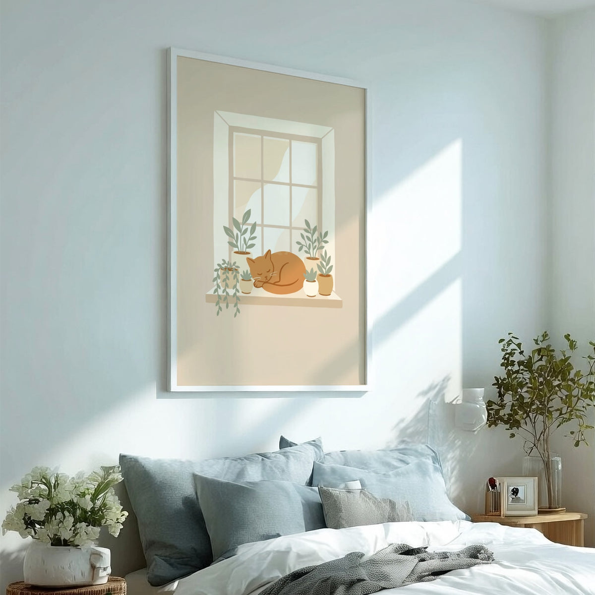 Poster featuring a sleeping ginger cat on a window sill with potted green plants