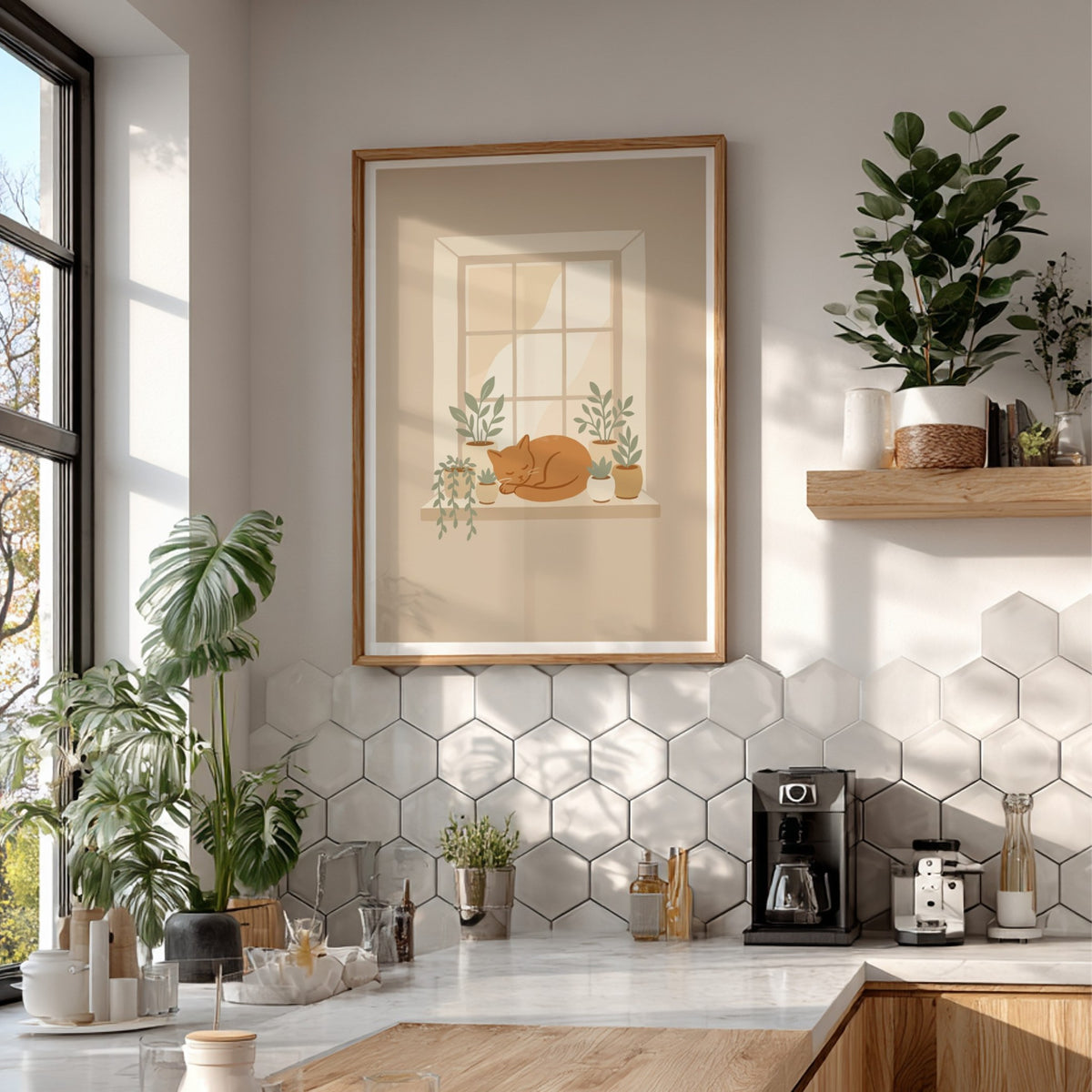 Poster featuring a sleeping ginger cat on a window sill with potted green plants