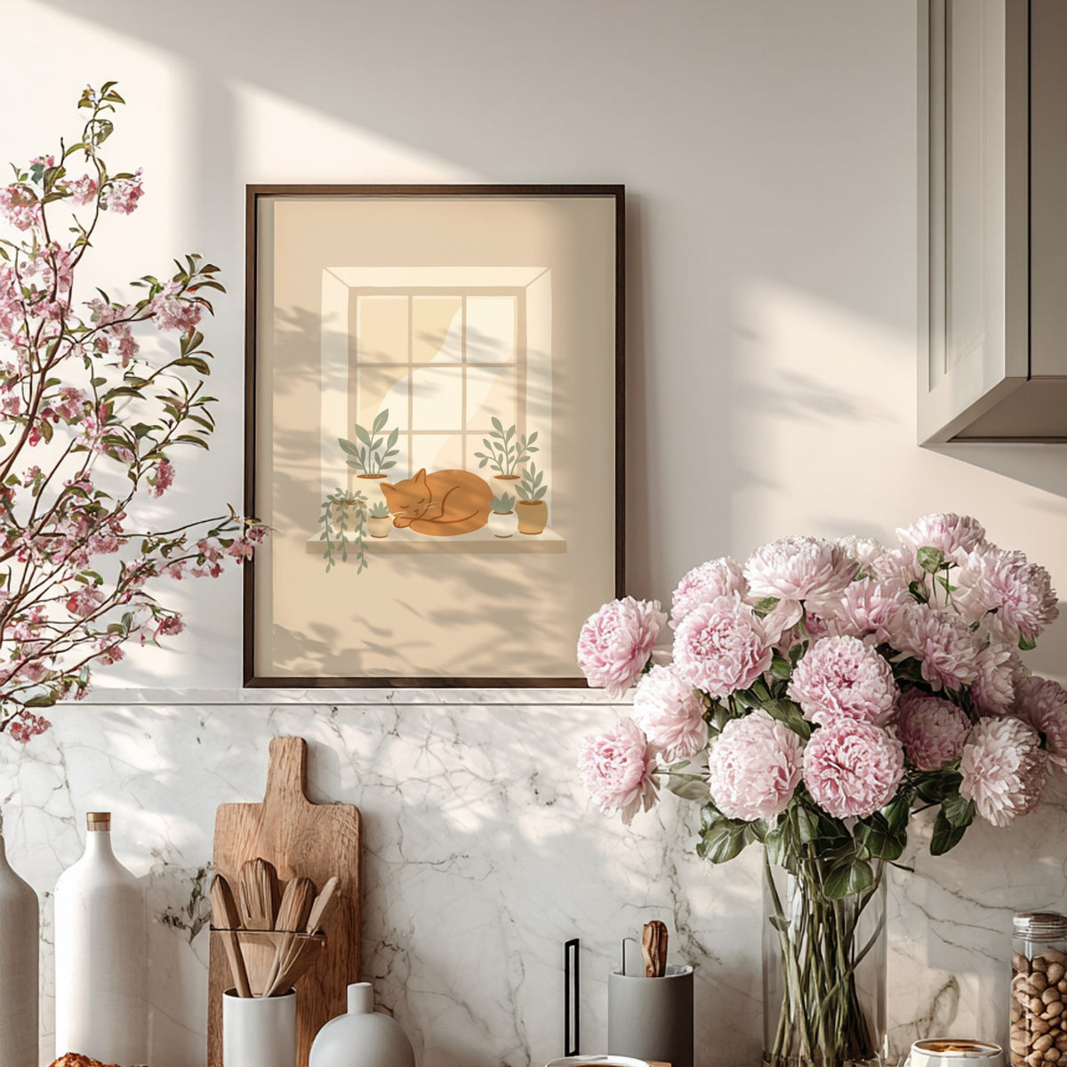 Poster featuring a sleeping ginger cat on a window sill with potted green plants