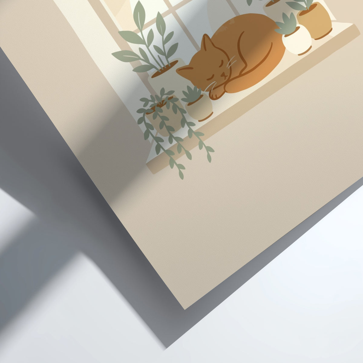 Poster featuring a sleeping ginger cat on a window sill with potted green plants