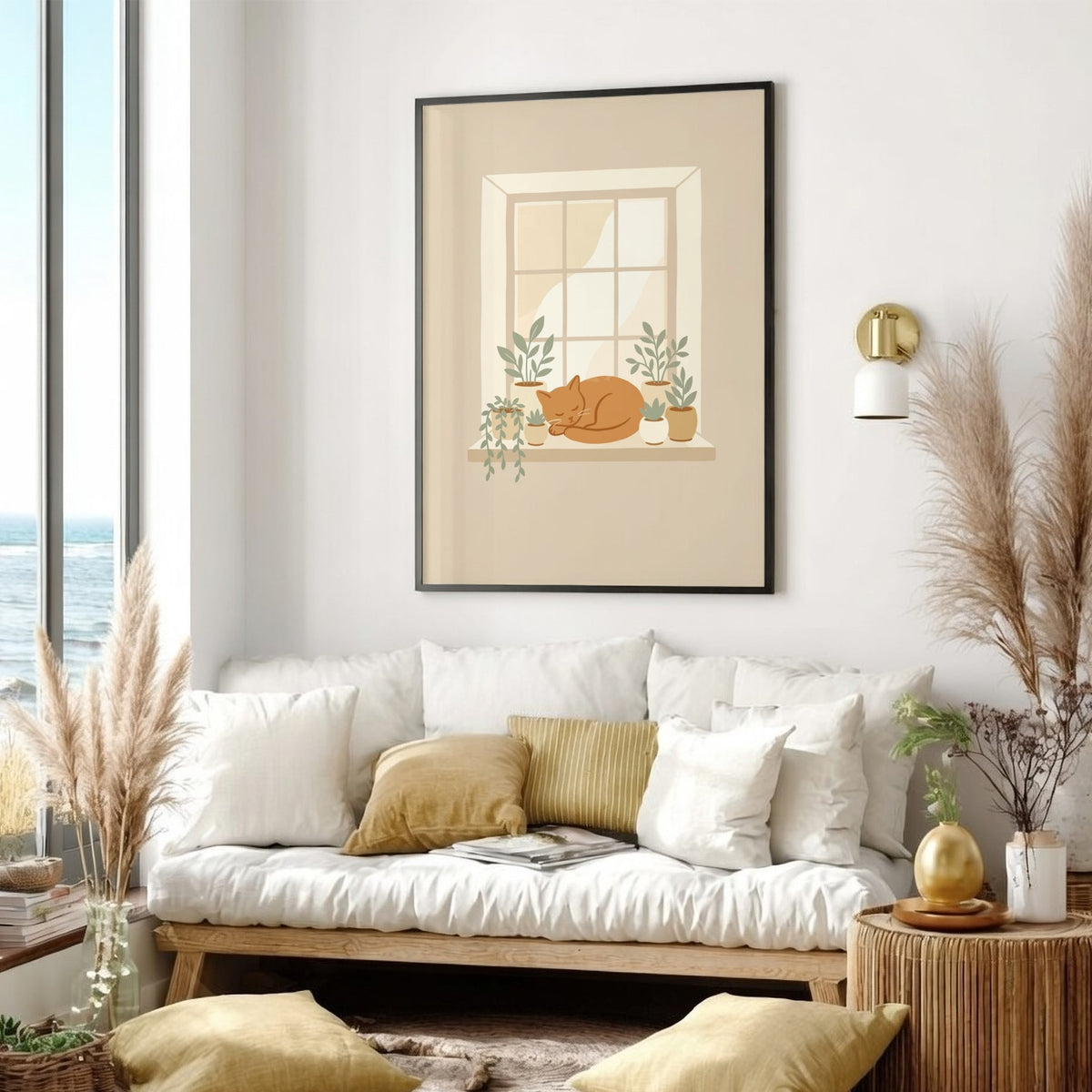 Poster featuring a sleeping ginger cat on a window sill with potted green plants