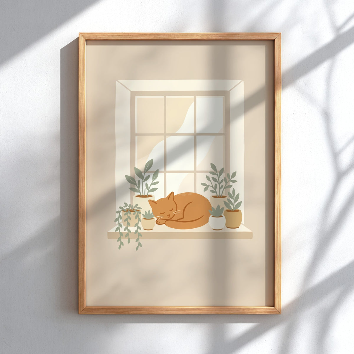 Poster featuring a sleeping ginger cat on a window sill with potted green plants