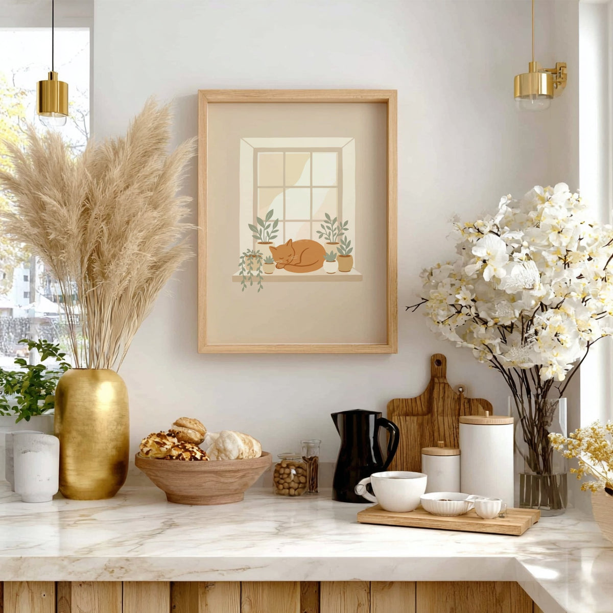 Poster featuring a sleeping ginger cat on a window sill with potted green plants