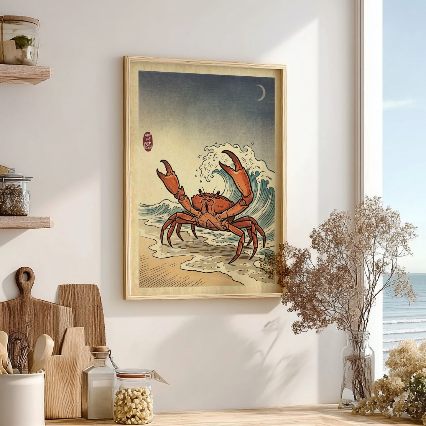 Japanese art style poster featuring a crab and ocean waves in vibrant colors