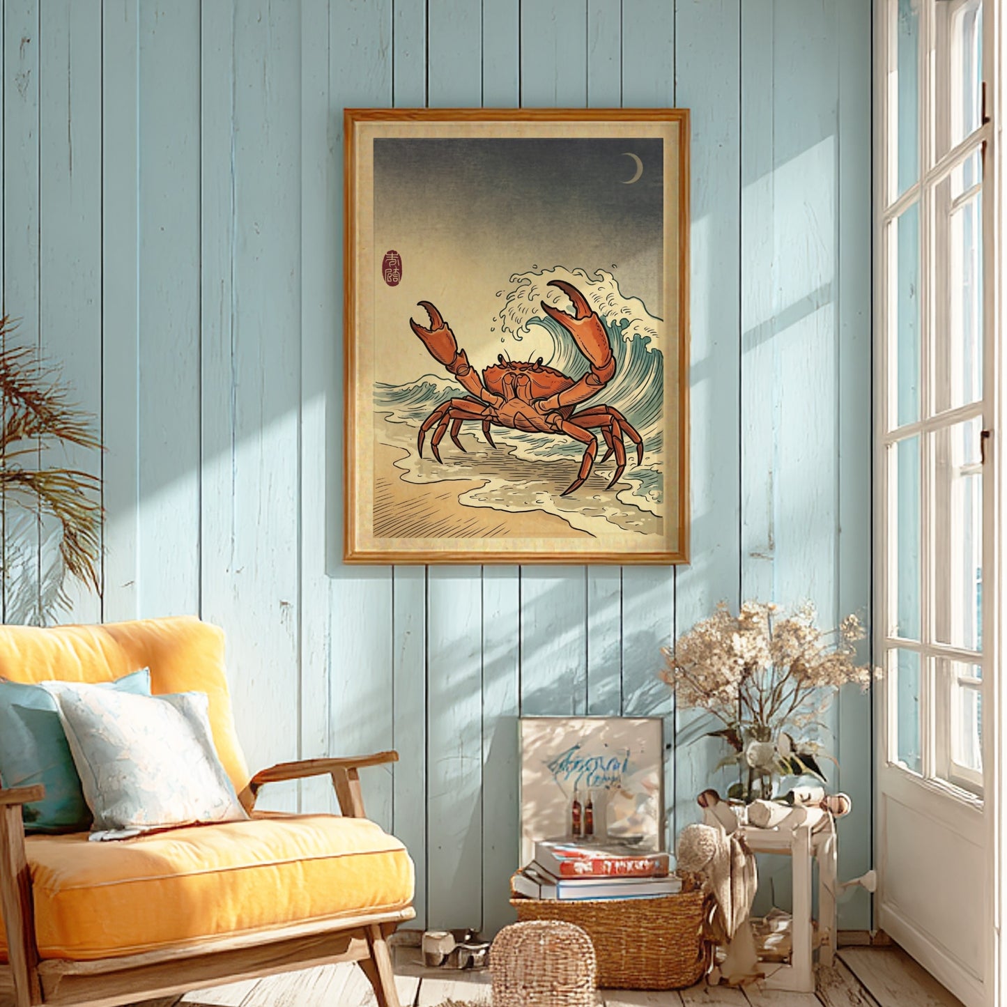 Japanese art style poster featuring a crab and ocean waves in vibrant colors