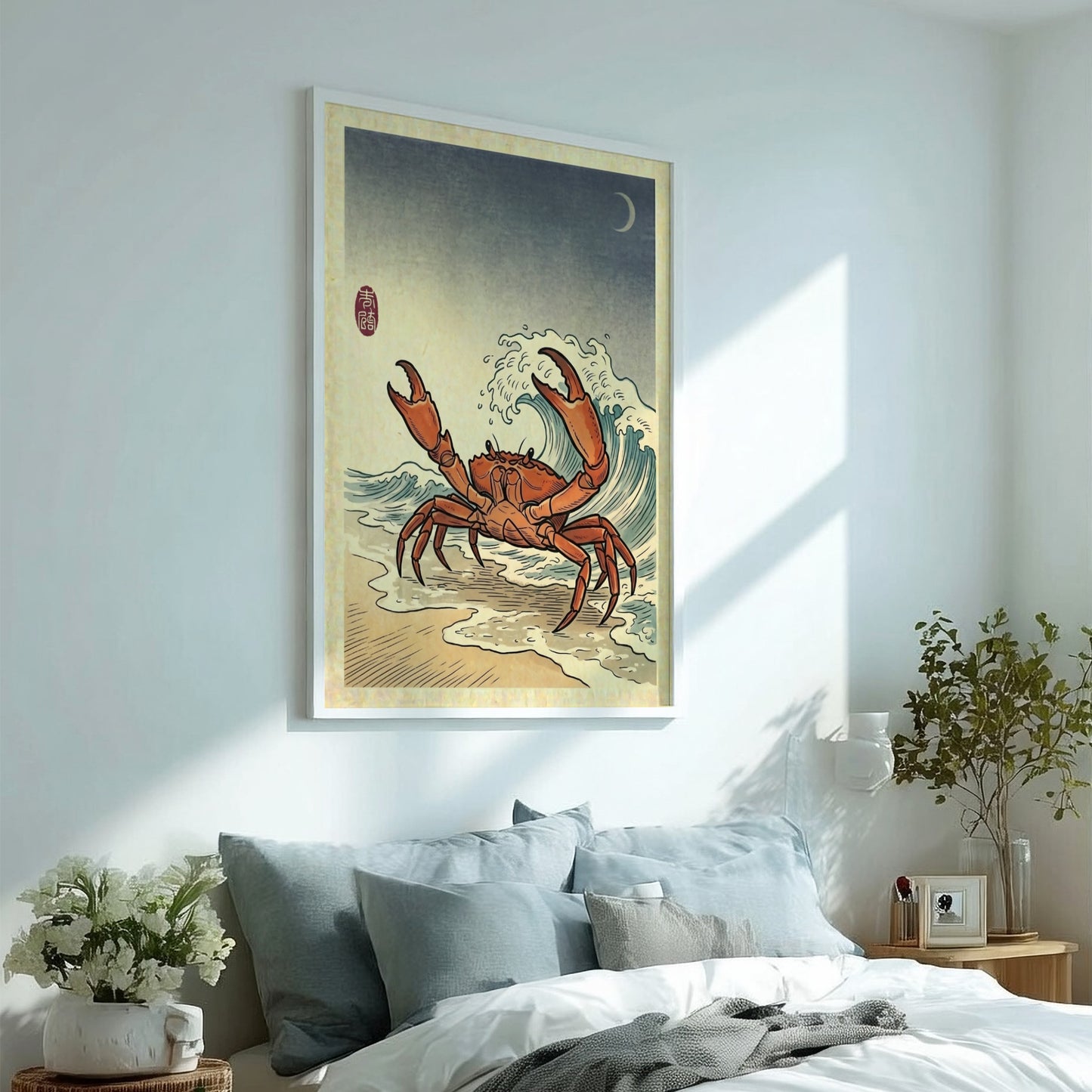 Japanese art style poster featuring a crab and ocean waves in vibrant colors