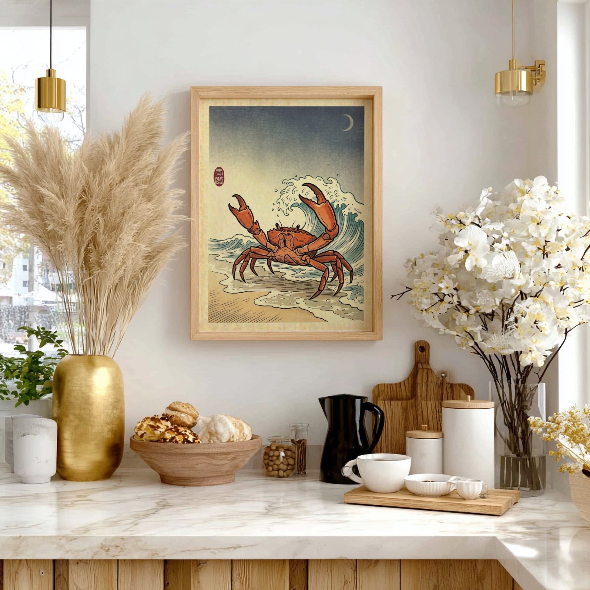Japanese art style poster featuring a crab and ocean waves in vibrant colors