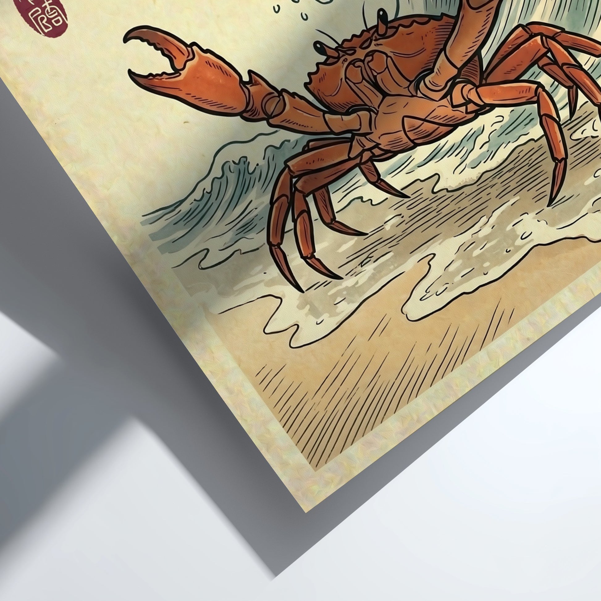 Japanese art style poster featuring a crab and ocean waves in vibrant colors