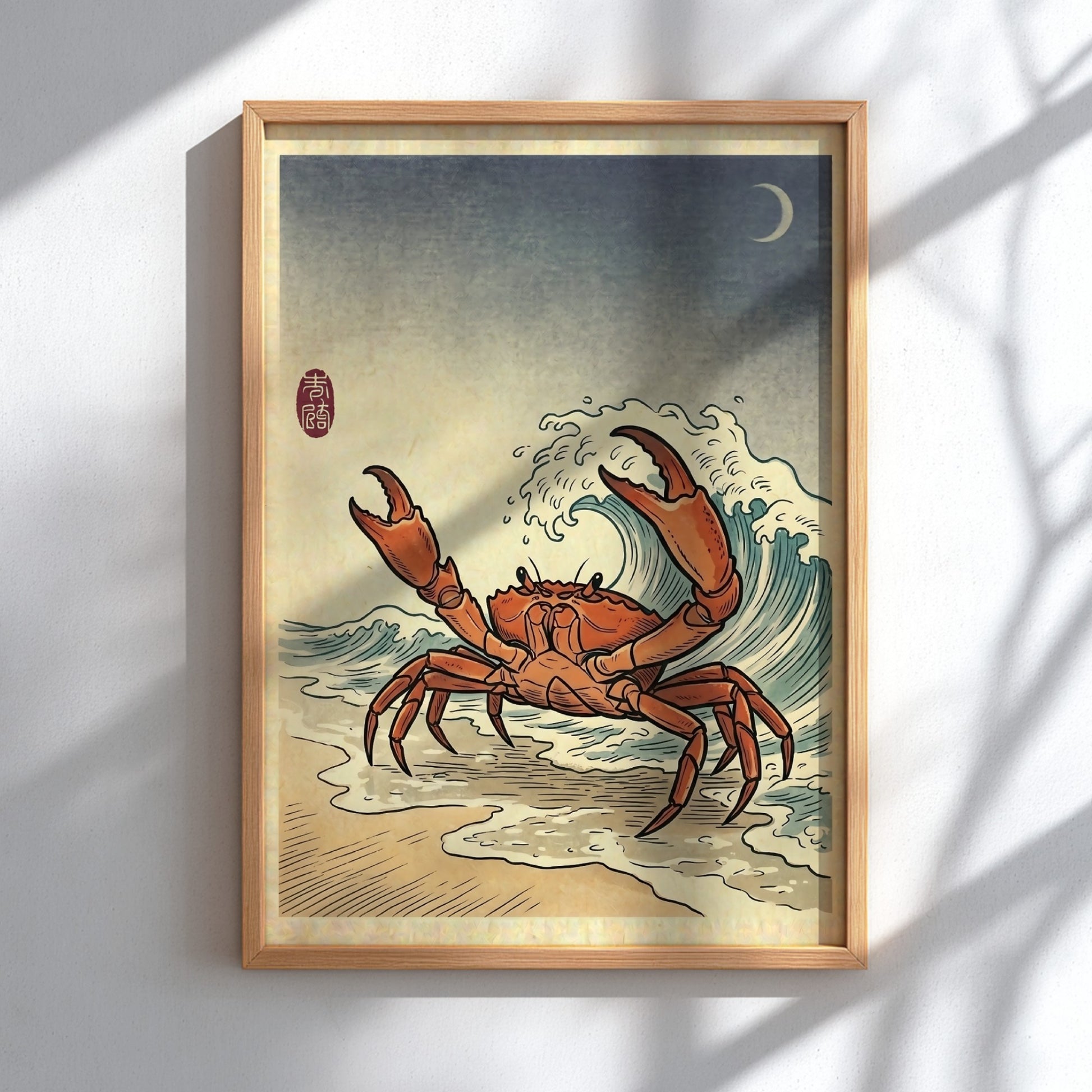 Japanese art style poster featuring a crab and ocean waves in vibrant colors