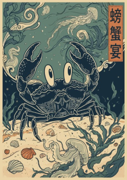 Poster featuring a dark blue crab on a sandy seabed with floating jellyfish