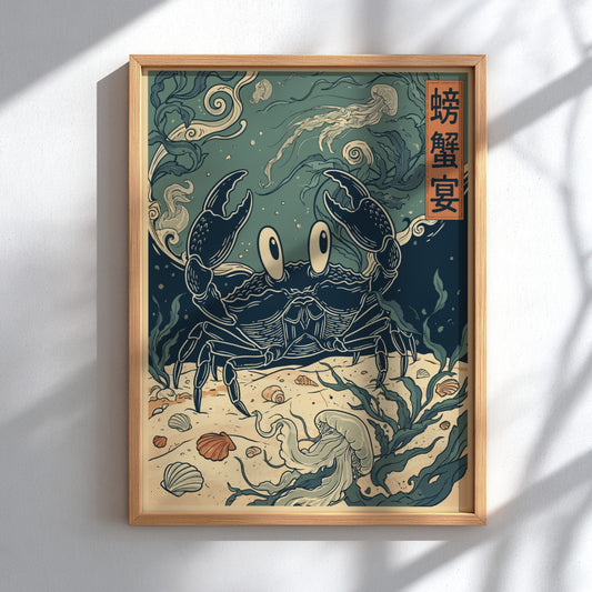 Poster featuring a dark blue crab on a sandy seabed with floating jellyfish