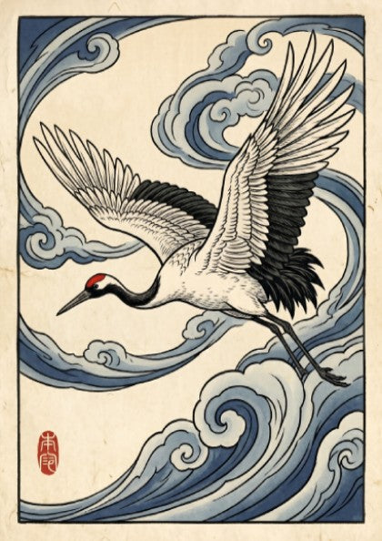 Japanese art style poster featuring a crane flying through blue clouds