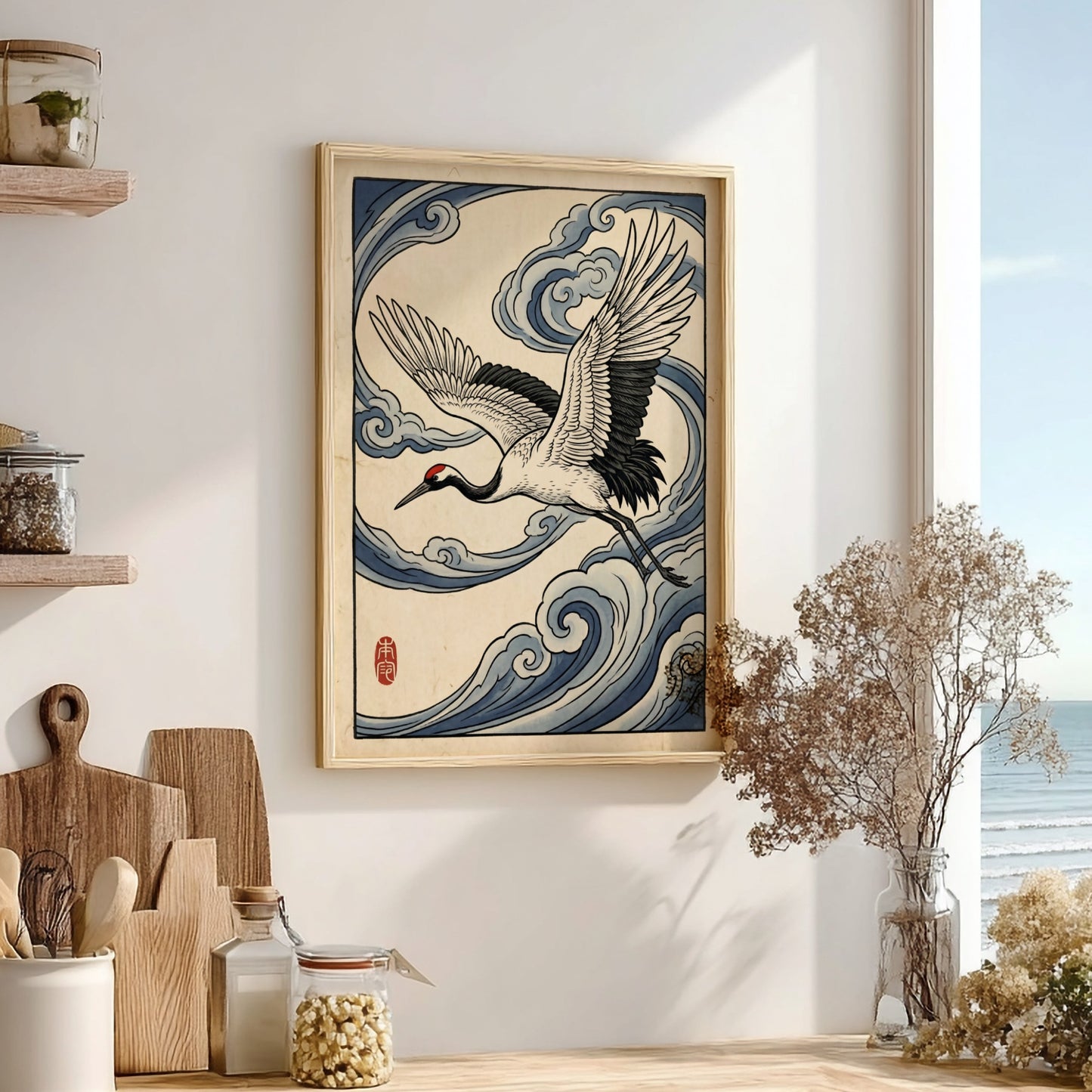 Japanese art style poster featuring a crane flying through blue clouds