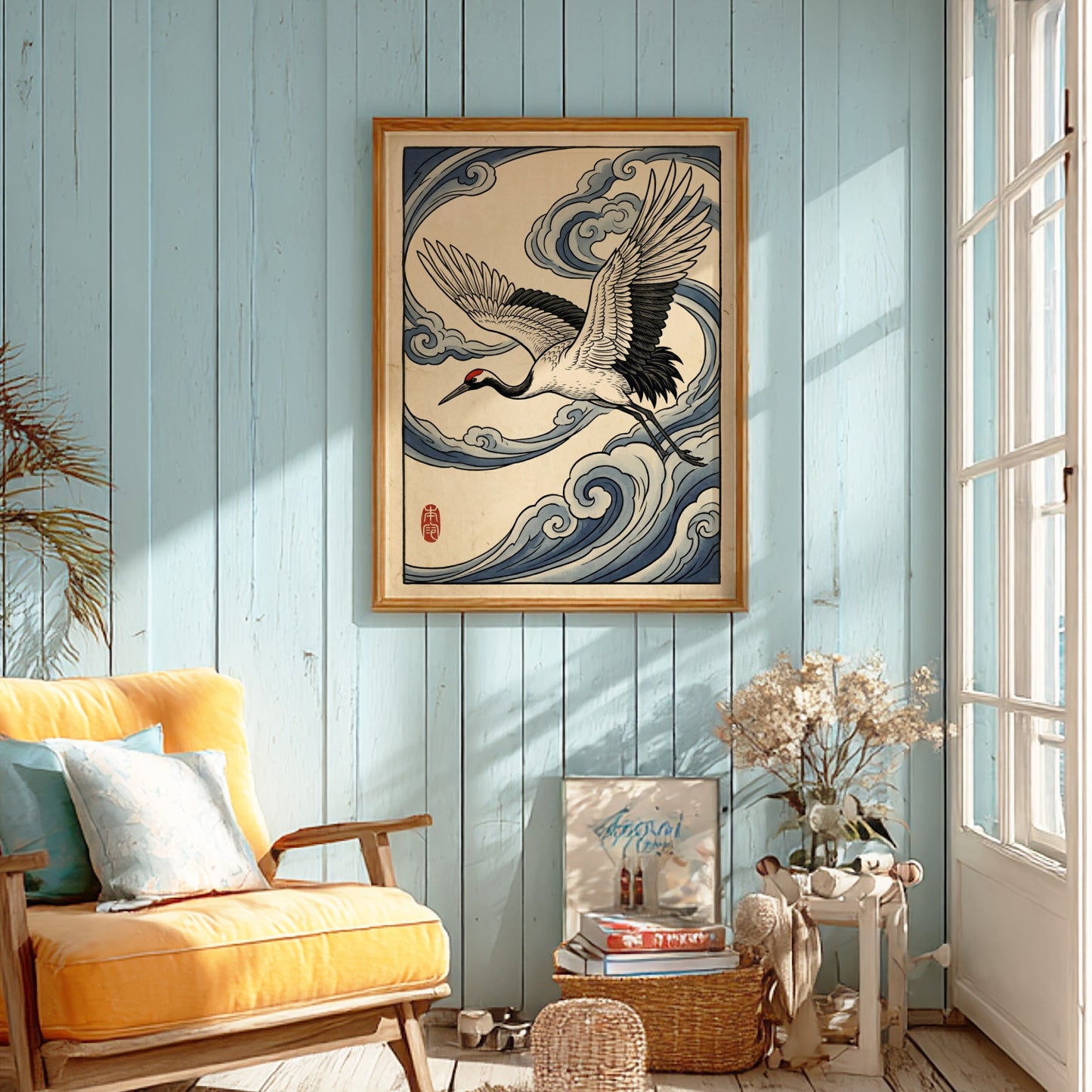 Japanese art style poster featuring a crane flying through blue clouds