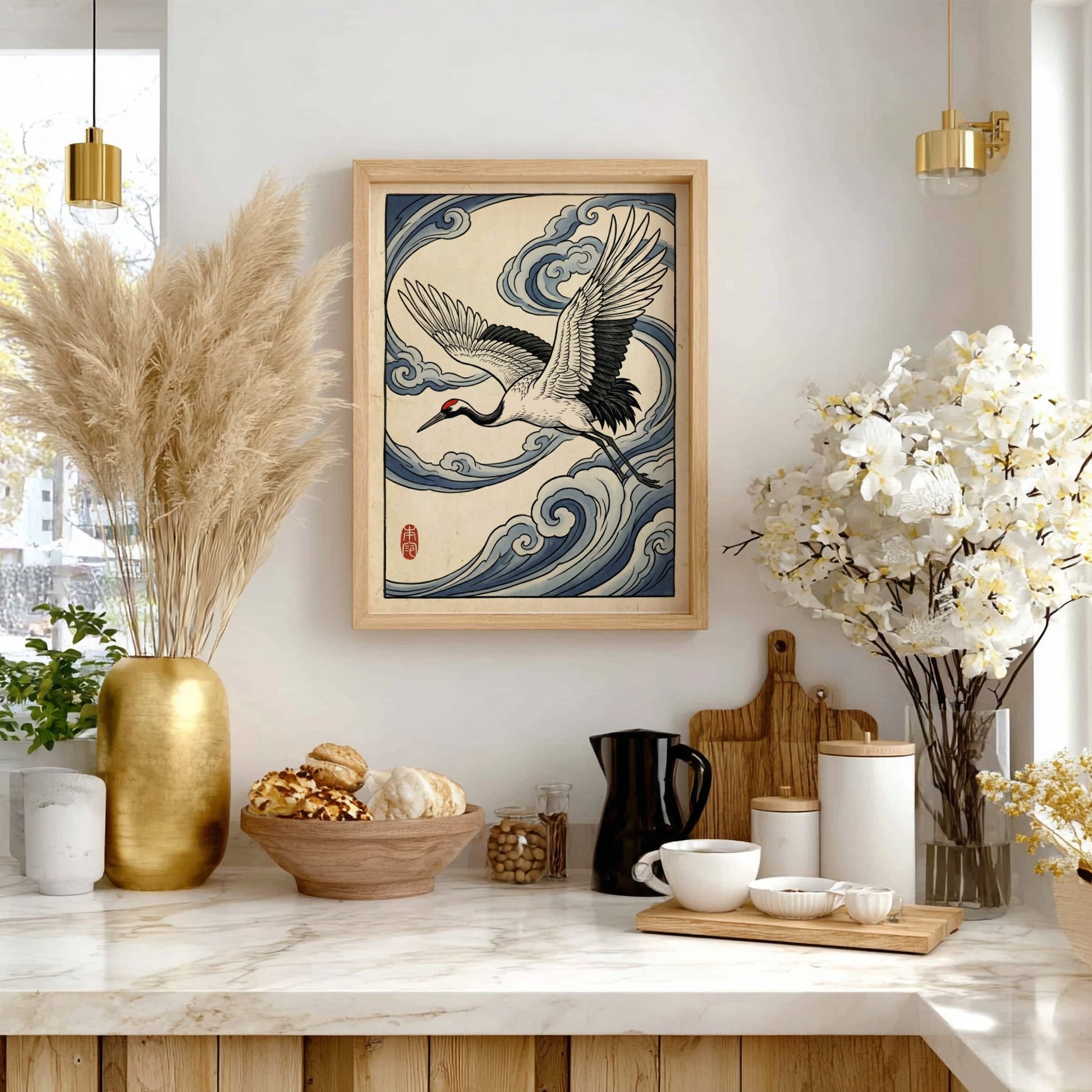 Japanese art style poster featuring a crane flying through blue clouds