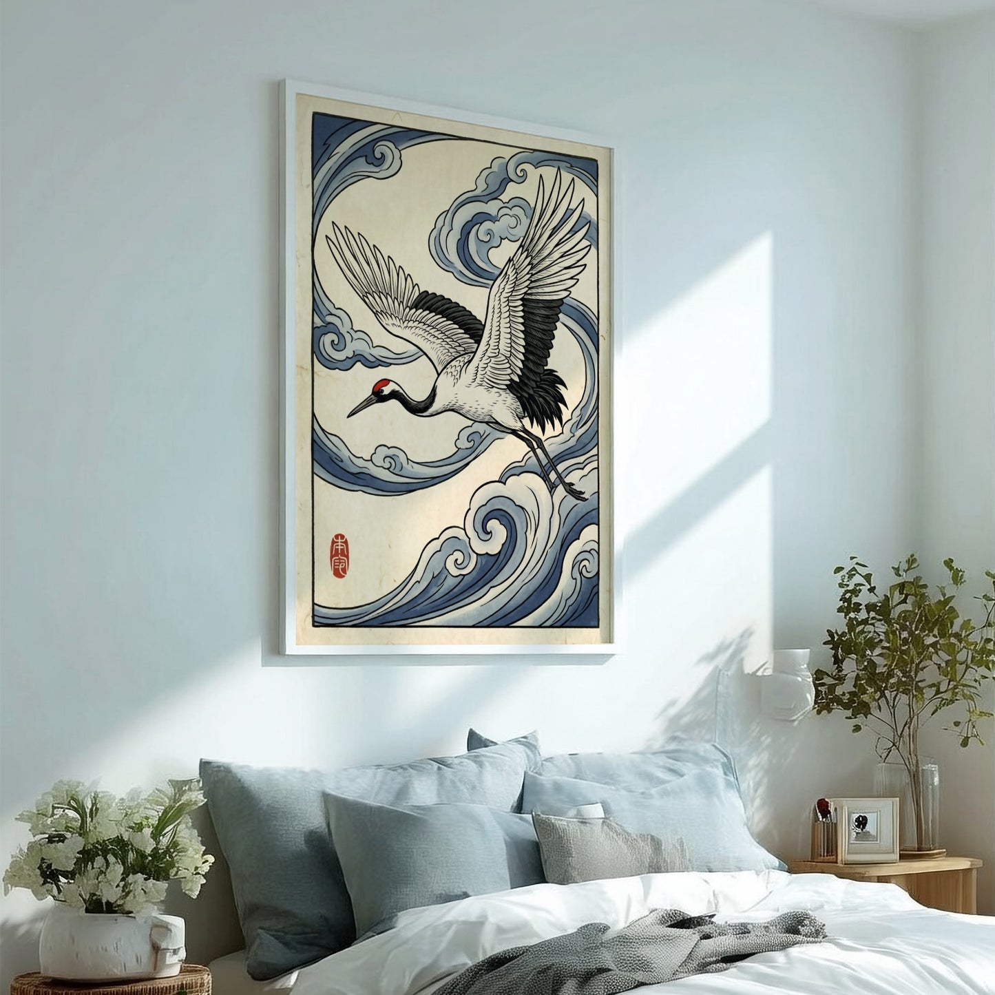 Japanese art style poster featuring a crane flying through blue clouds