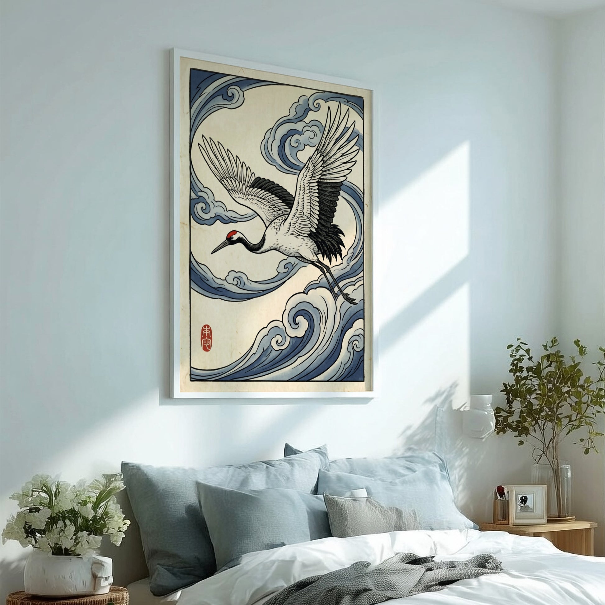 Japanese art style poster featuring a crane flying through blue clouds