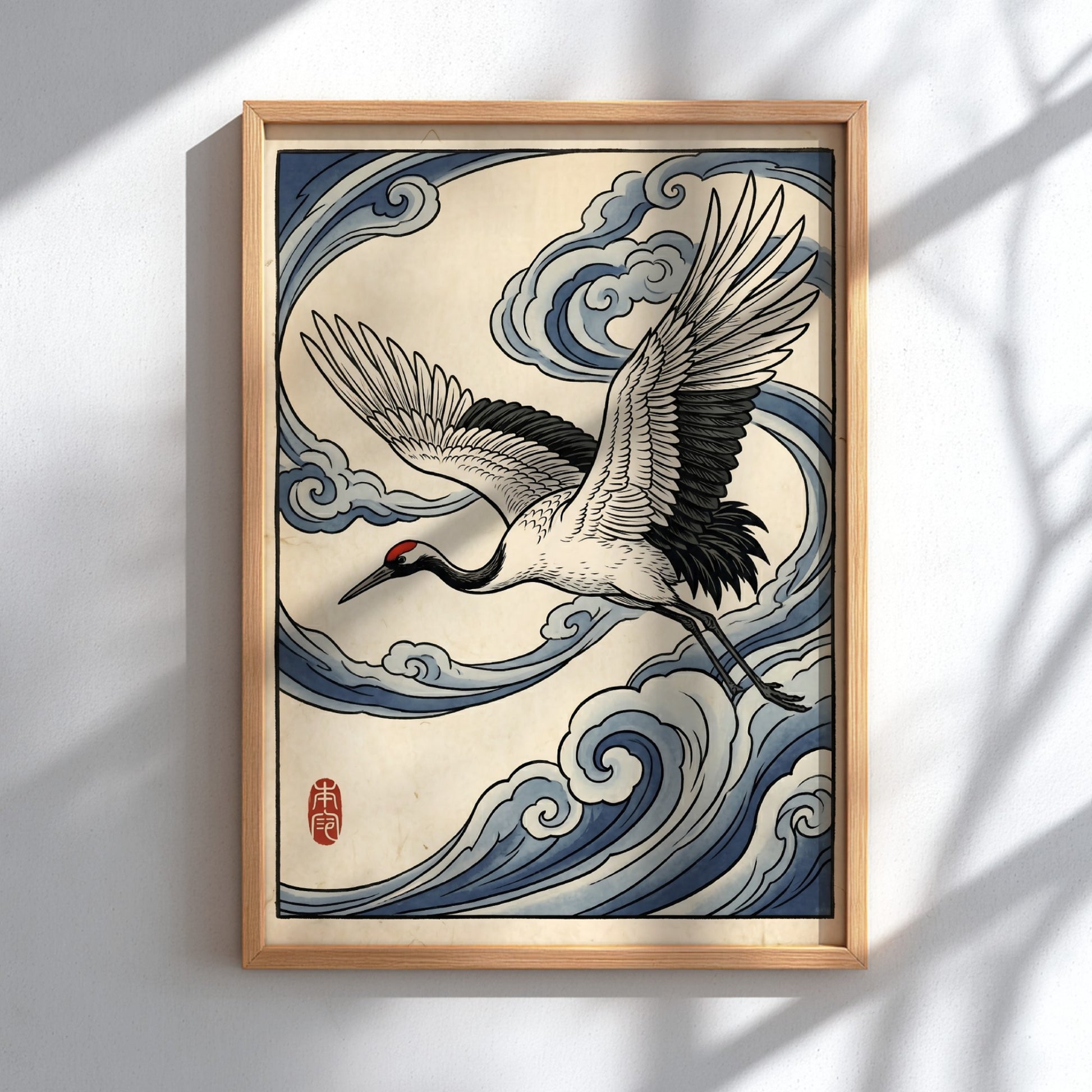 Japanese art style poster featuring a crane flying through blue clouds