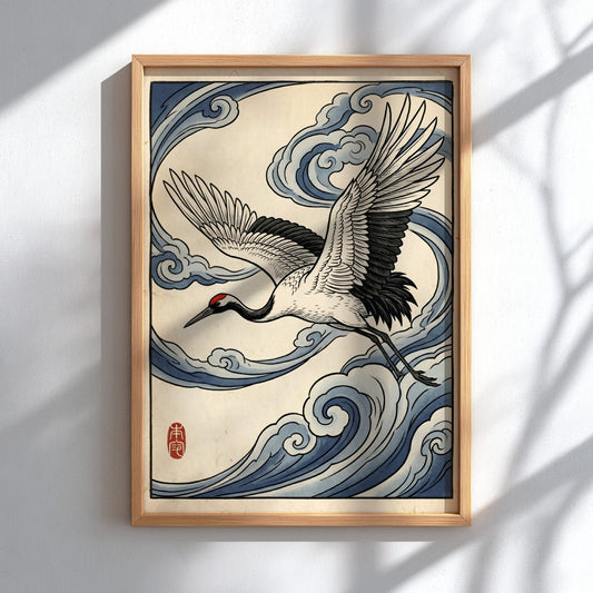 Japanese art style poster featuring a crane flying through blue clouds