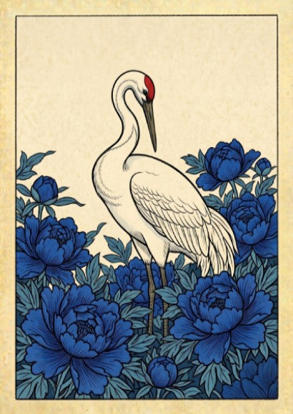Japanese art style poster featuring a crane and blue peonies