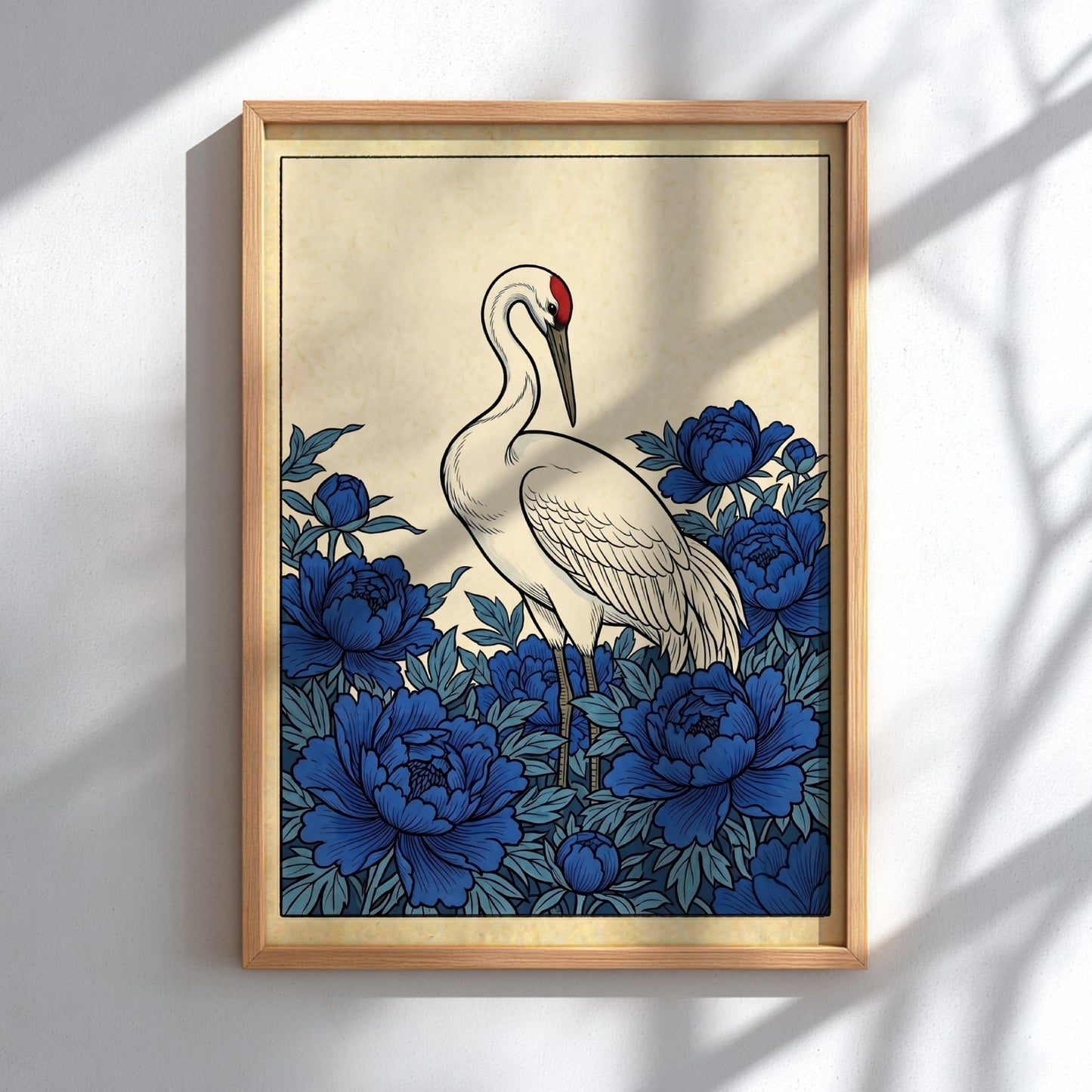 Japanese art style poster featuring a crane and blue peonies