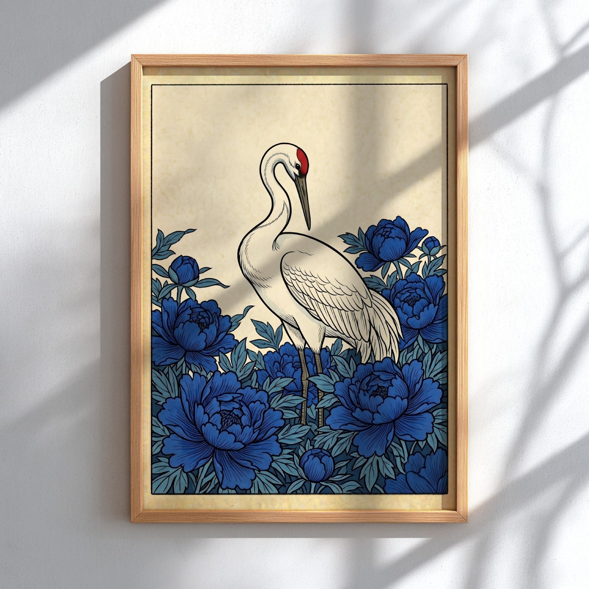 Japanese art style poster featuring a crane and blue peonies