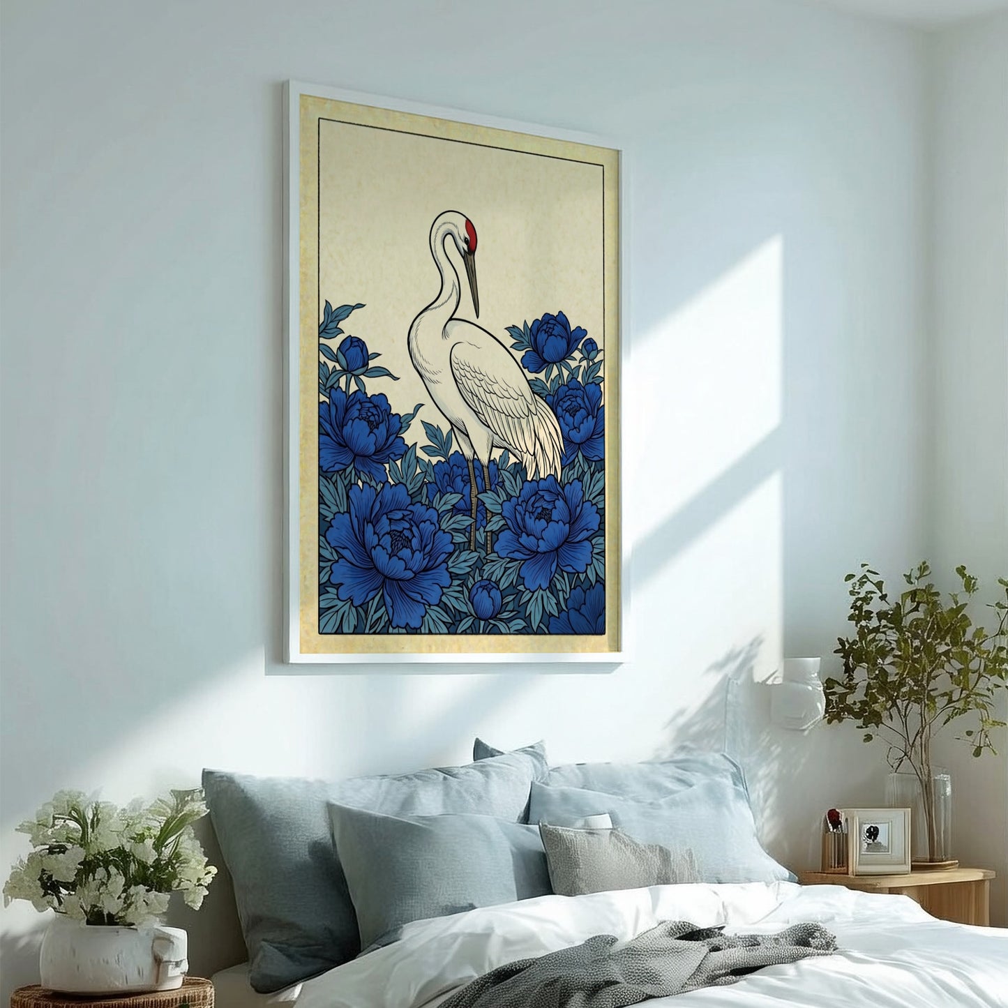Japanese art style poster featuring a crane and blue peonies