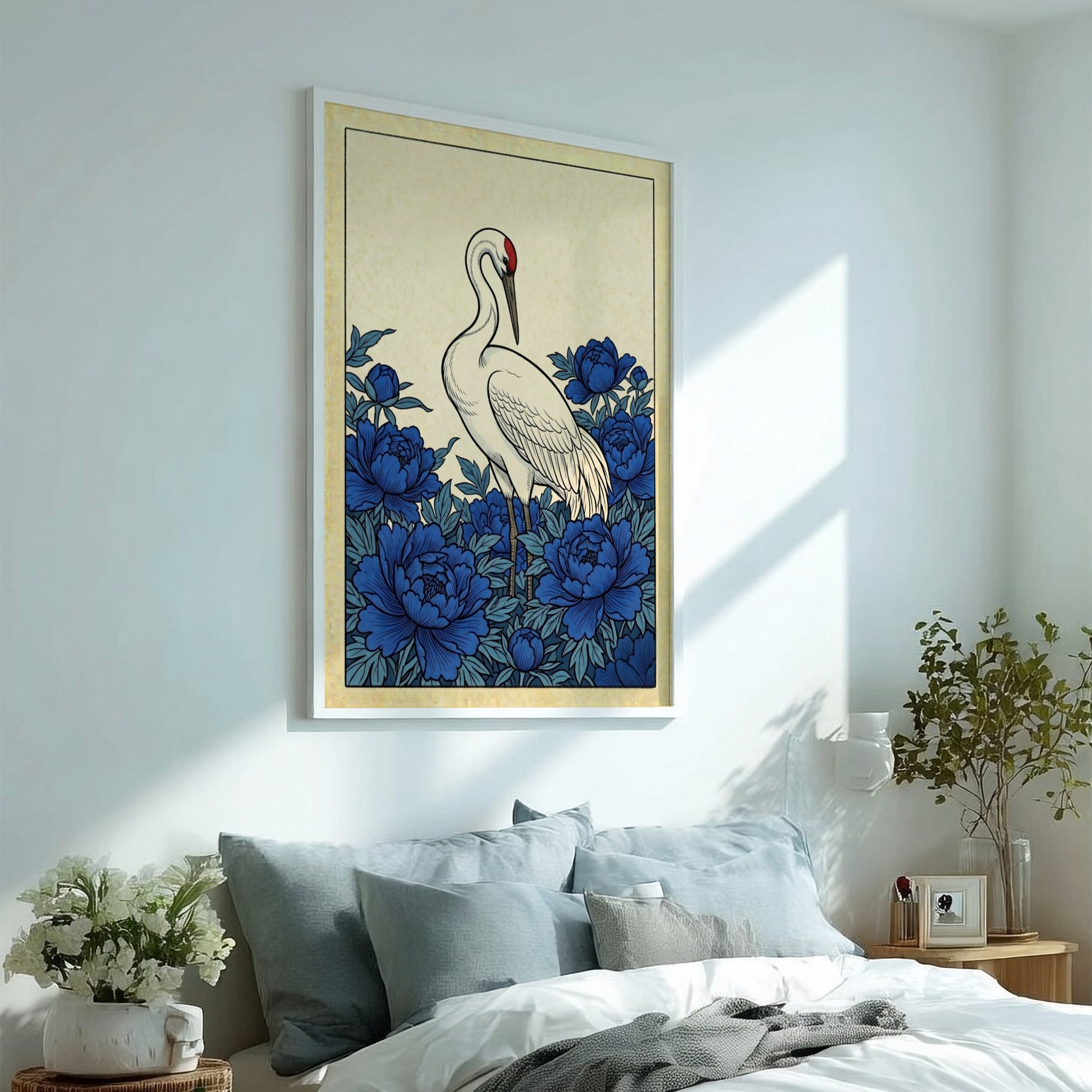 Japanese art style poster featuring a crane and blue peonies