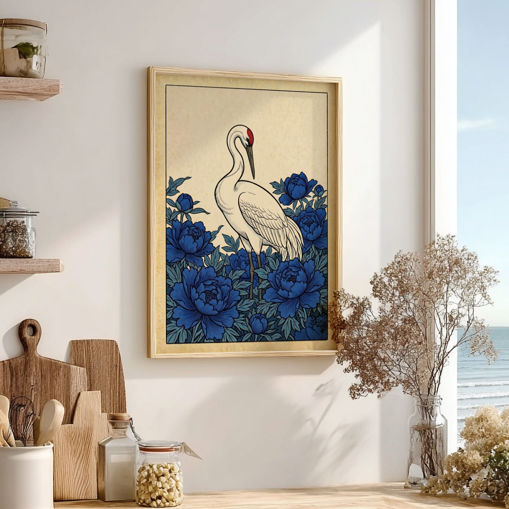 Japanese art style poster featuring a crane and blue peonies