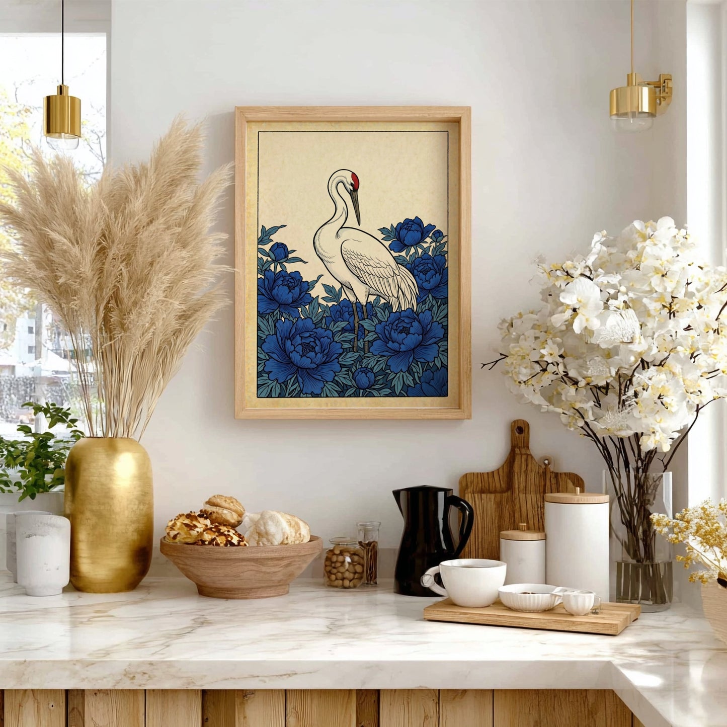 Japanese art style poster featuring a crane and blue peonies
