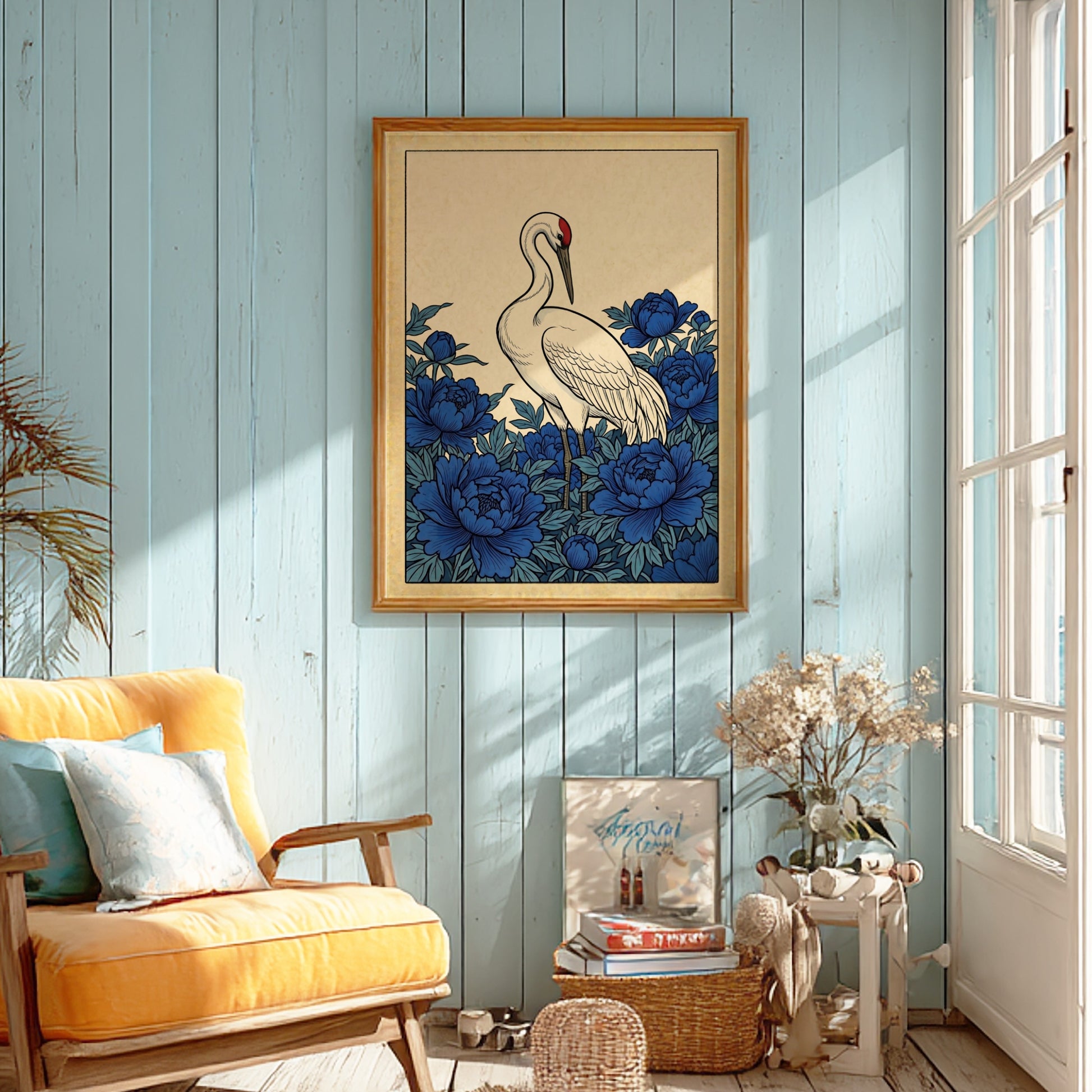 Japanese art style poster featuring a crane and blue peonies