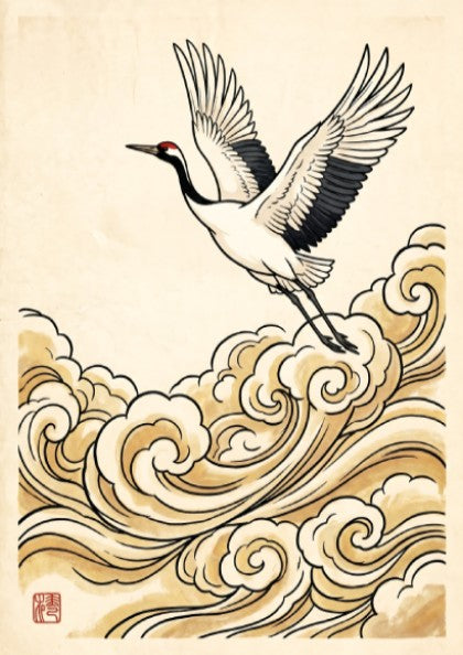 Japanese art style poster featuring a crane flying over golden clouds