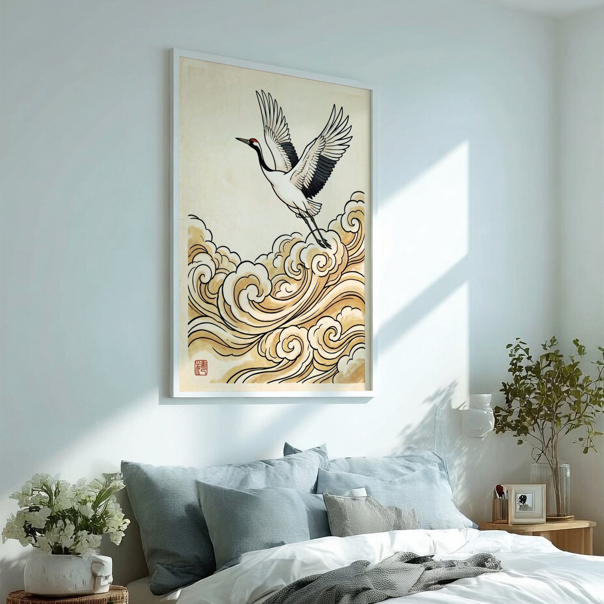Japanese art style poster featuring a crane flying over golden clouds