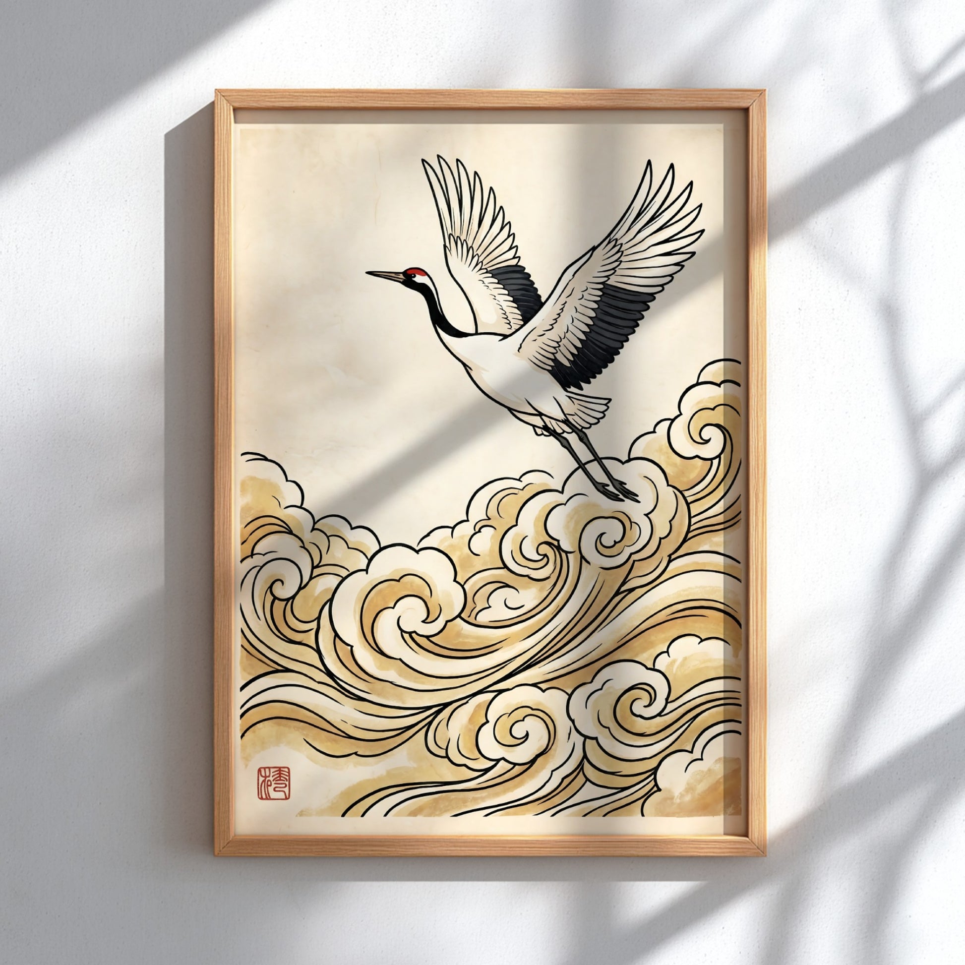 Japanese art style poster featuring a crane flying over golden clouds