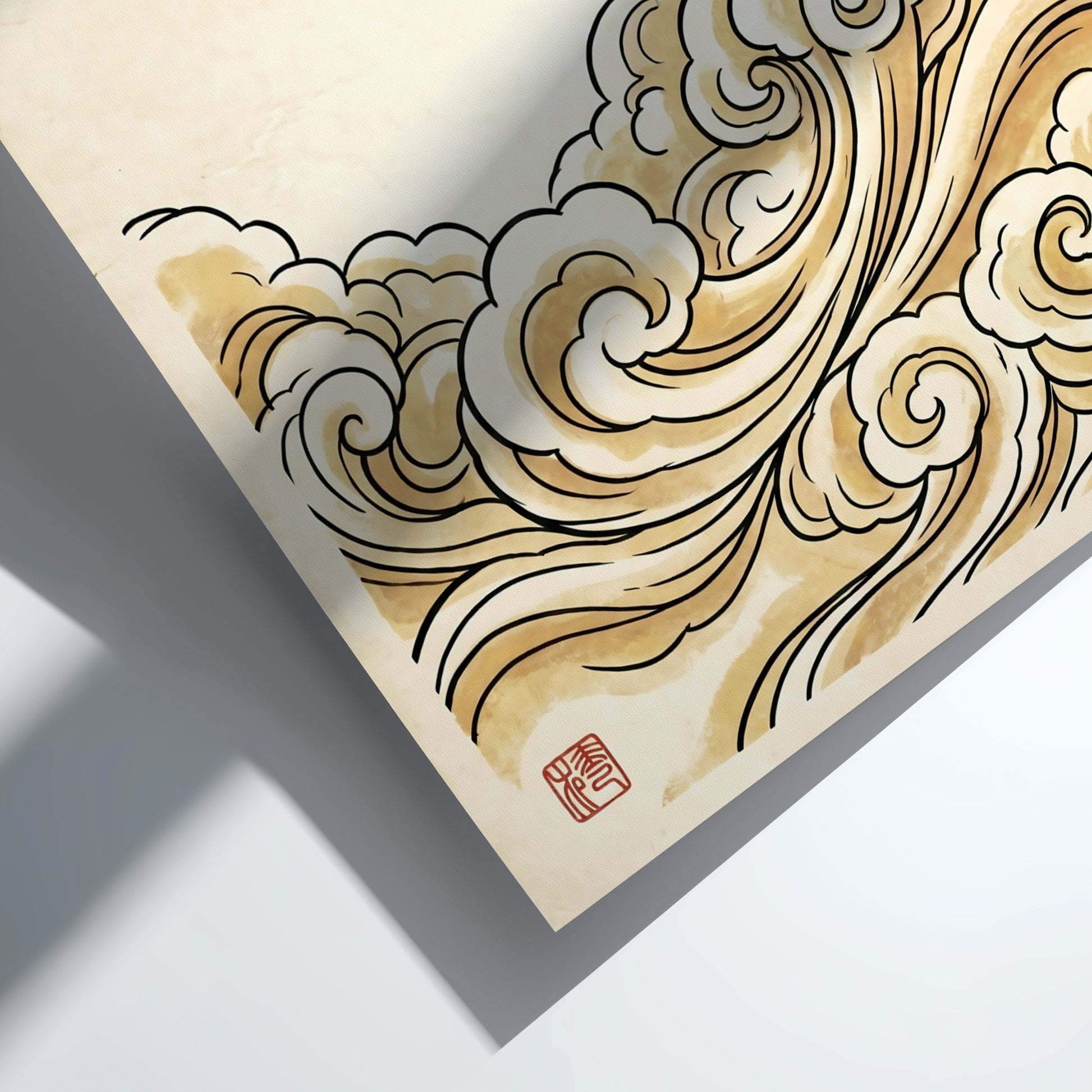 Japanese art style poster featuring a crane flying over golden clouds