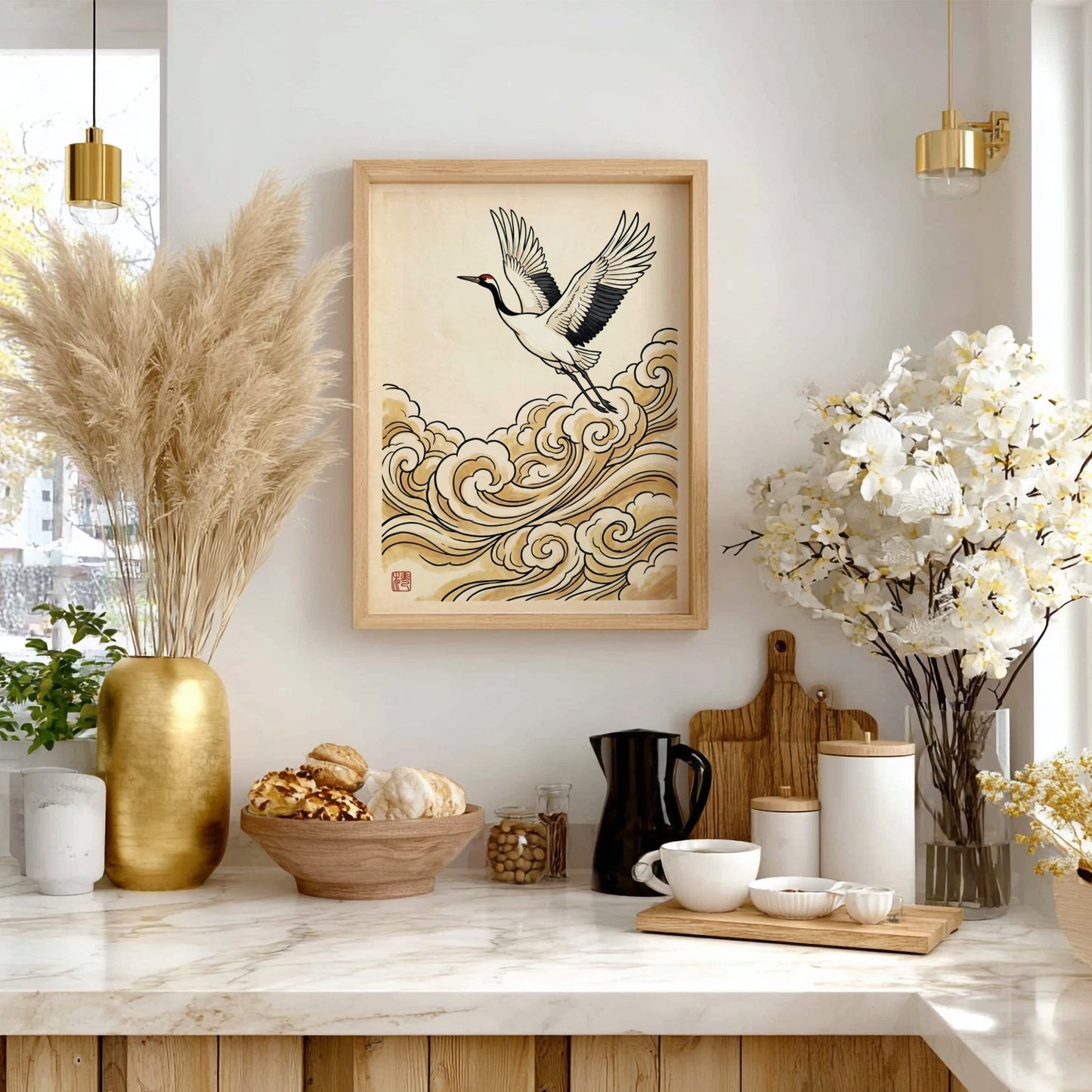 Japanese art style poster featuring a crane flying over golden clouds