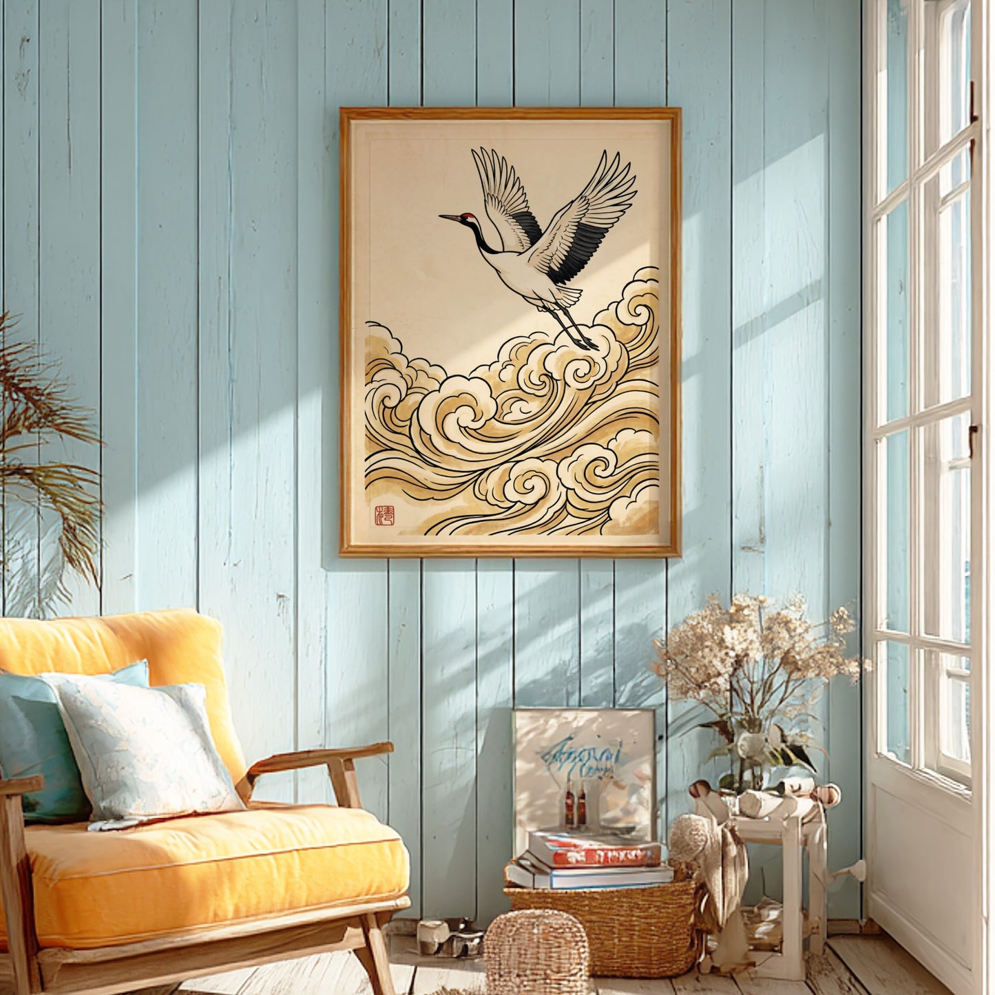 Japanese art style poster featuring a crane flying over golden clouds