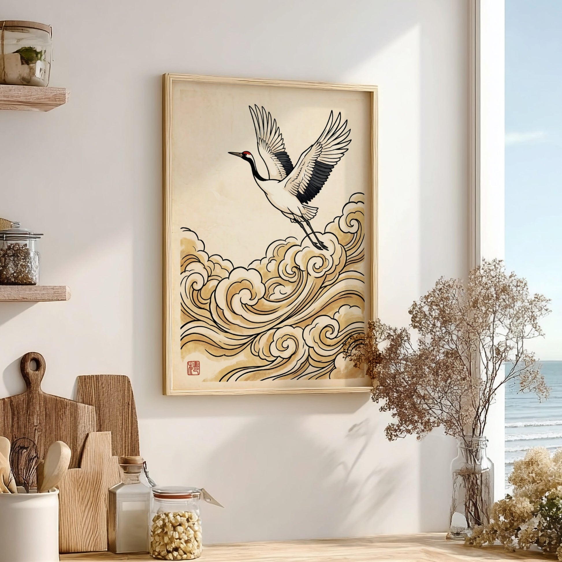 Japanese art style poster featuring a crane flying over golden clouds