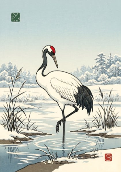 Japanese art style poster featuring a crane in winter landscape with soft colors