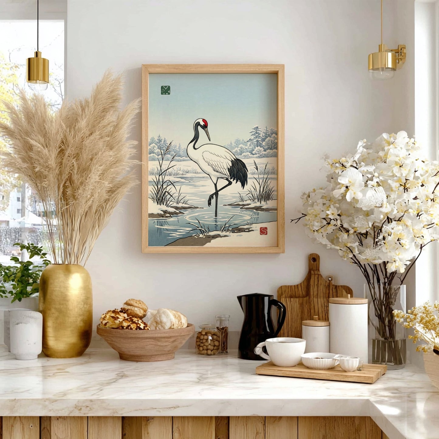 Japanese art style poster featuring a crane in winter landscape with soft colors