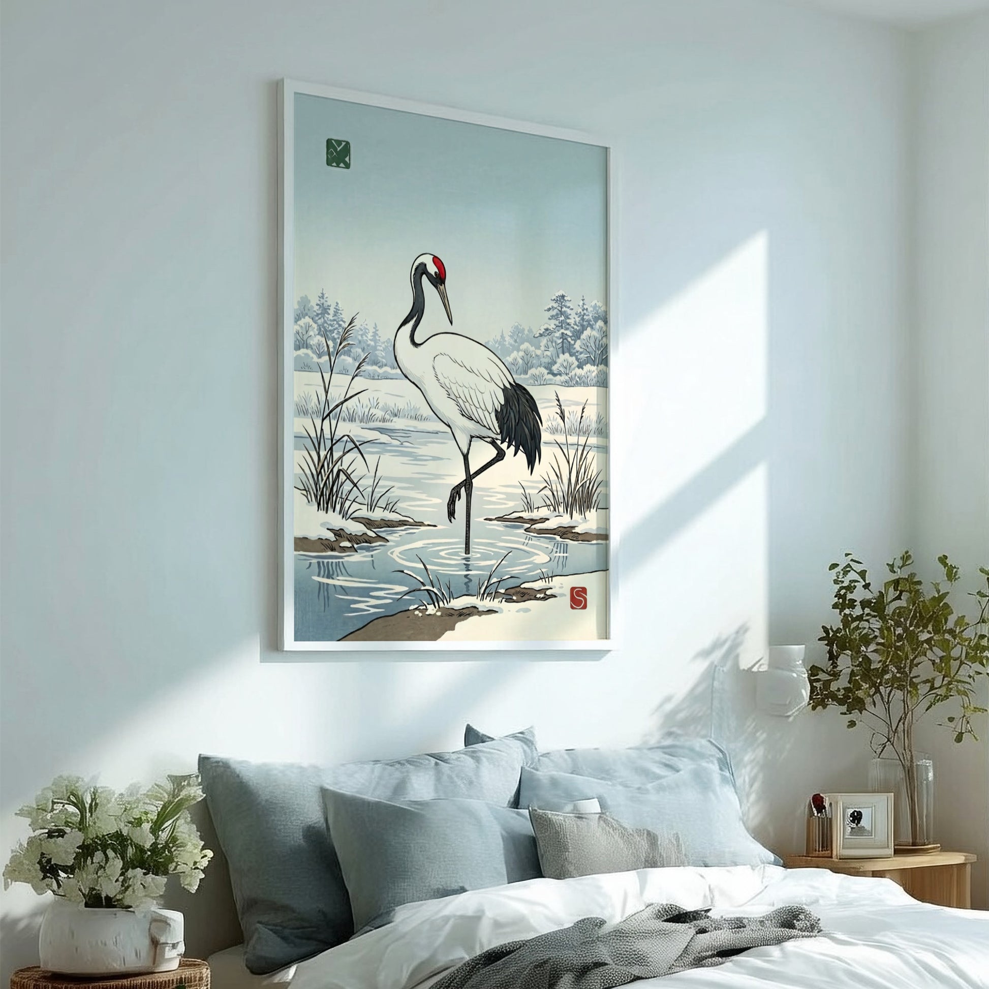 Japanese art style poster featuring a crane in winter landscape with soft colors