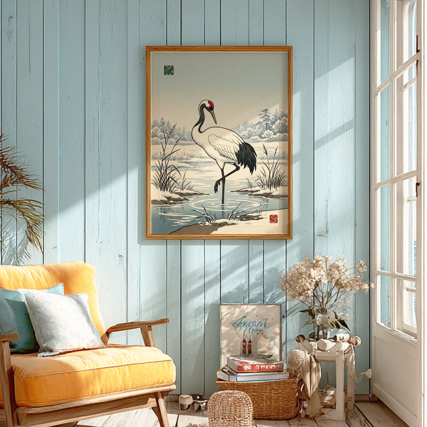 Japanese art style poster featuring a crane in winter landscape with soft colors