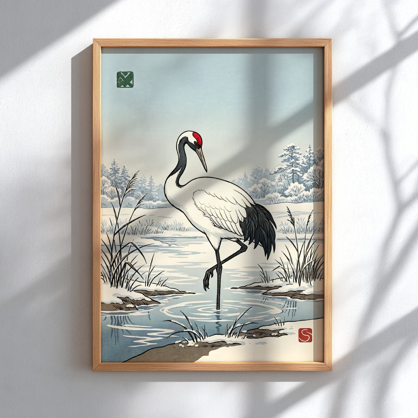 Japanese art style poster featuring a crane in winter landscape with soft colors
