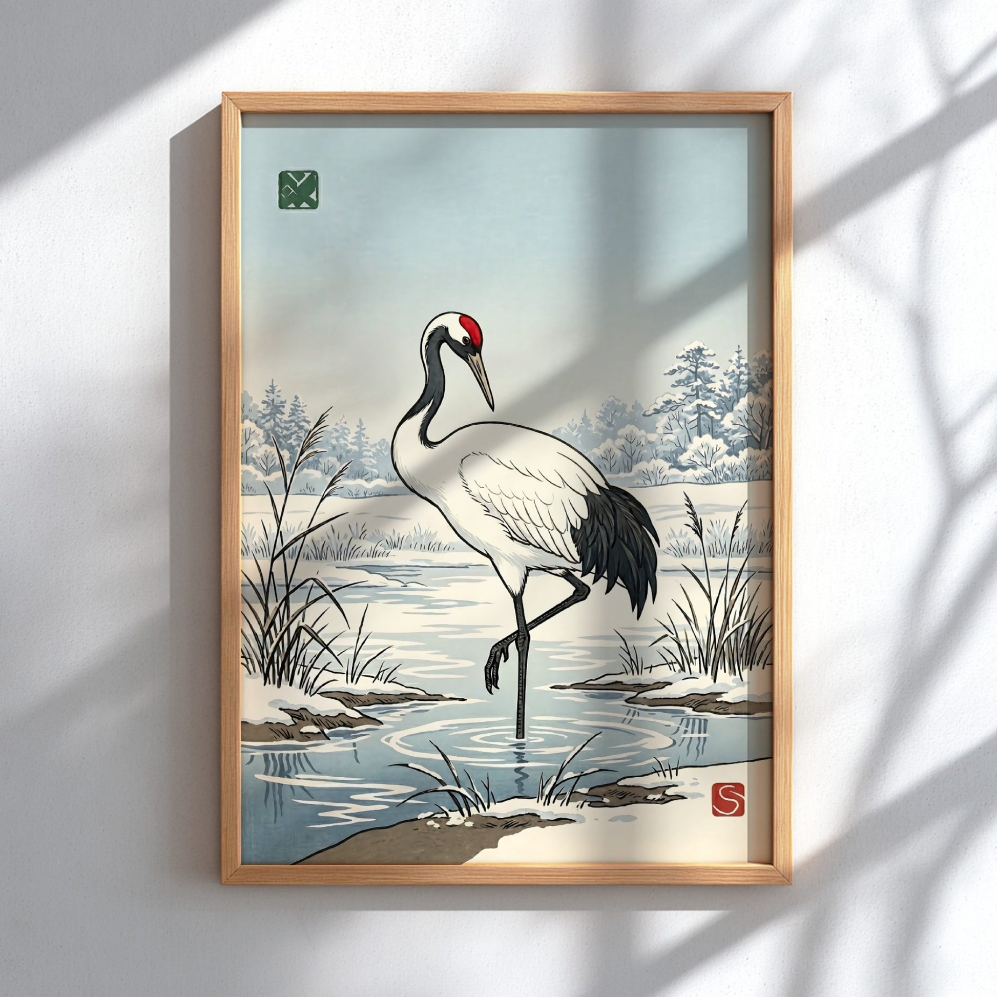 Japanese art style poster featuring a crane in winter landscape with soft colors