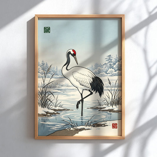 Japanese art style poster featuring a crane in winter landscape with soft colors