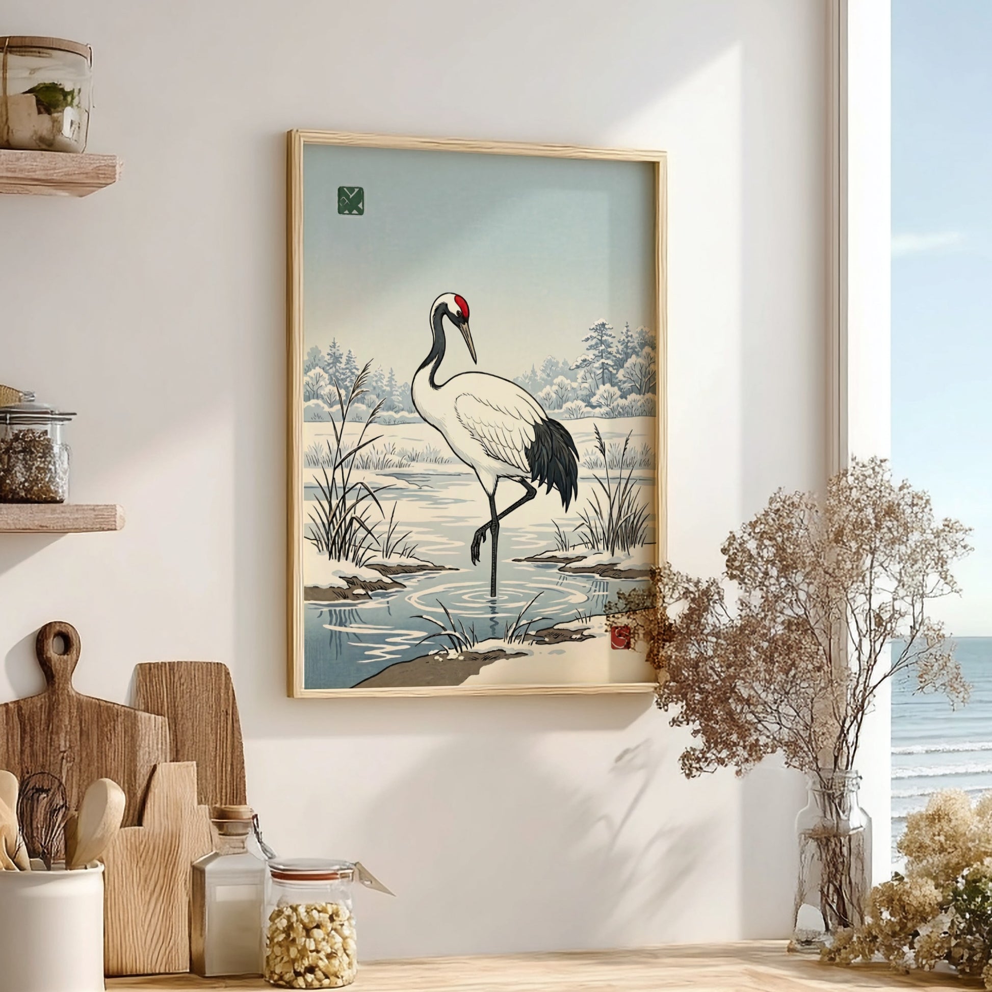 Japanese art style poster featuring a crane in winter landscape with soft colors